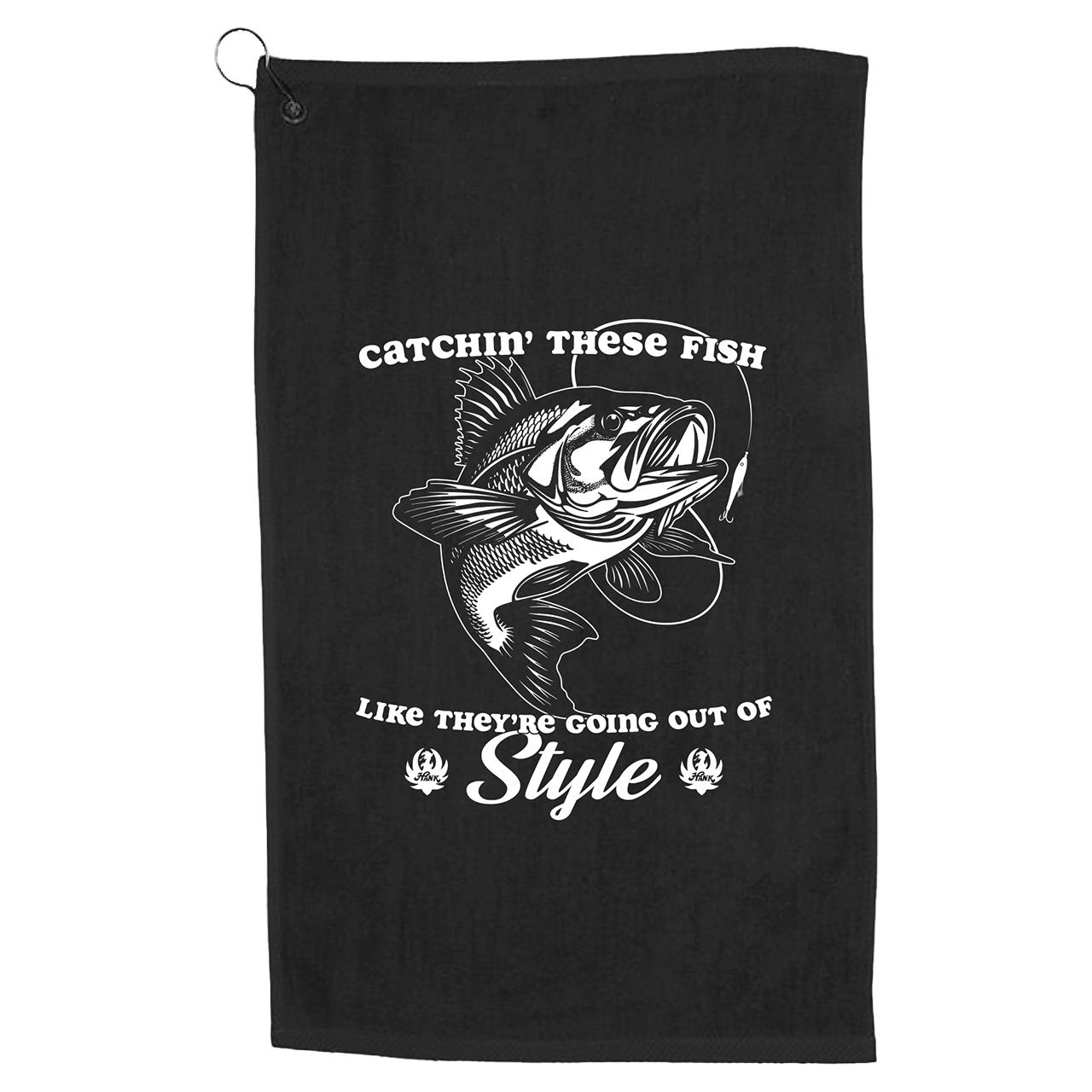 Black towel or cloth with a fishing-themed graphic and text design.