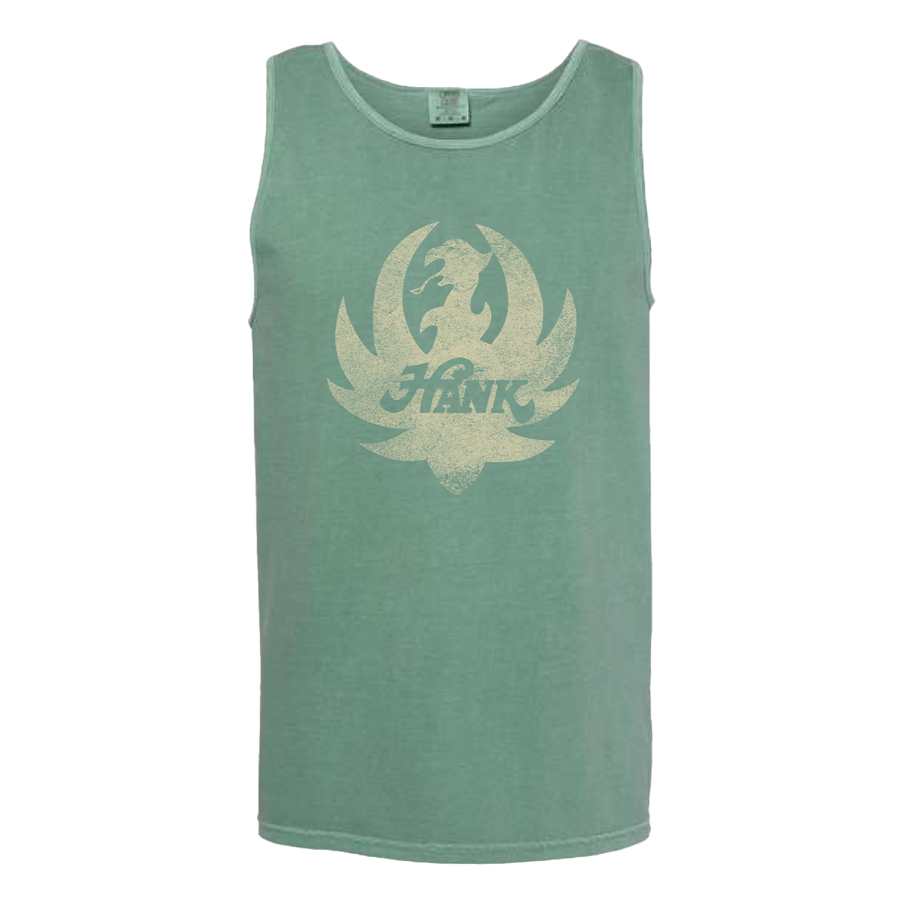 Mint green tank top with a faded logo design on the front.