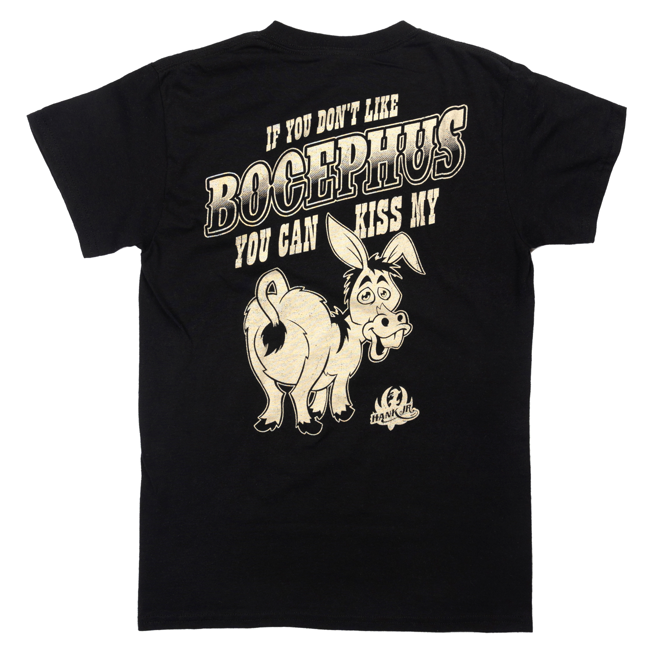 Black t-shirt with humorous text and cartoon dog graphic.