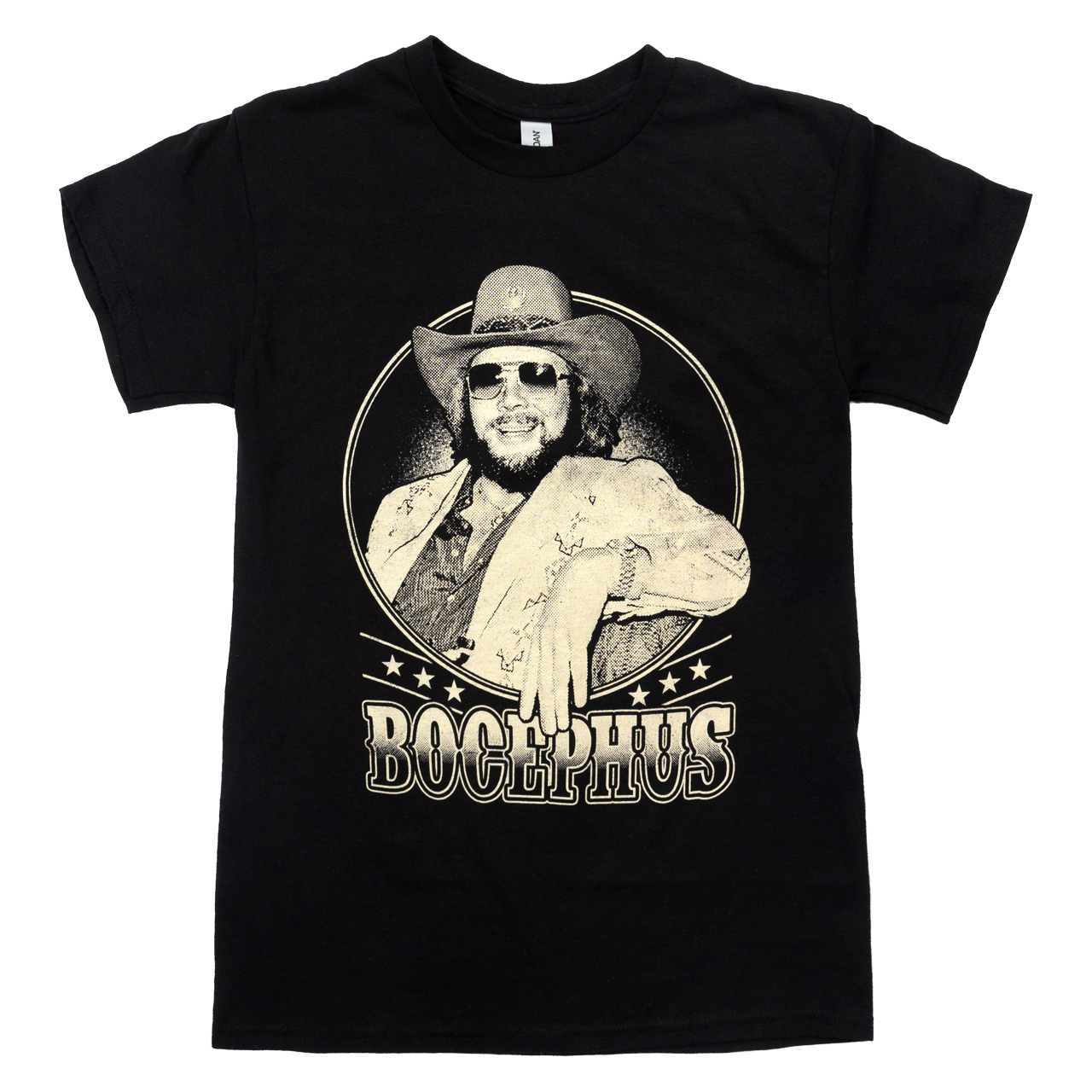 Black t-shirt featuring a portrait of a bearded man in a cowboy hat with ’BOCEPHUS’ text.