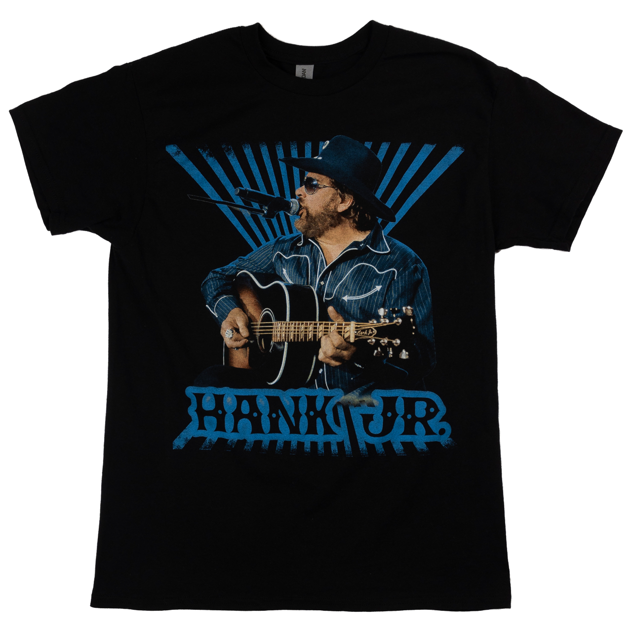 Black t-shirt featuring a country musician playing an acoustic guitar with blue graphic elements.