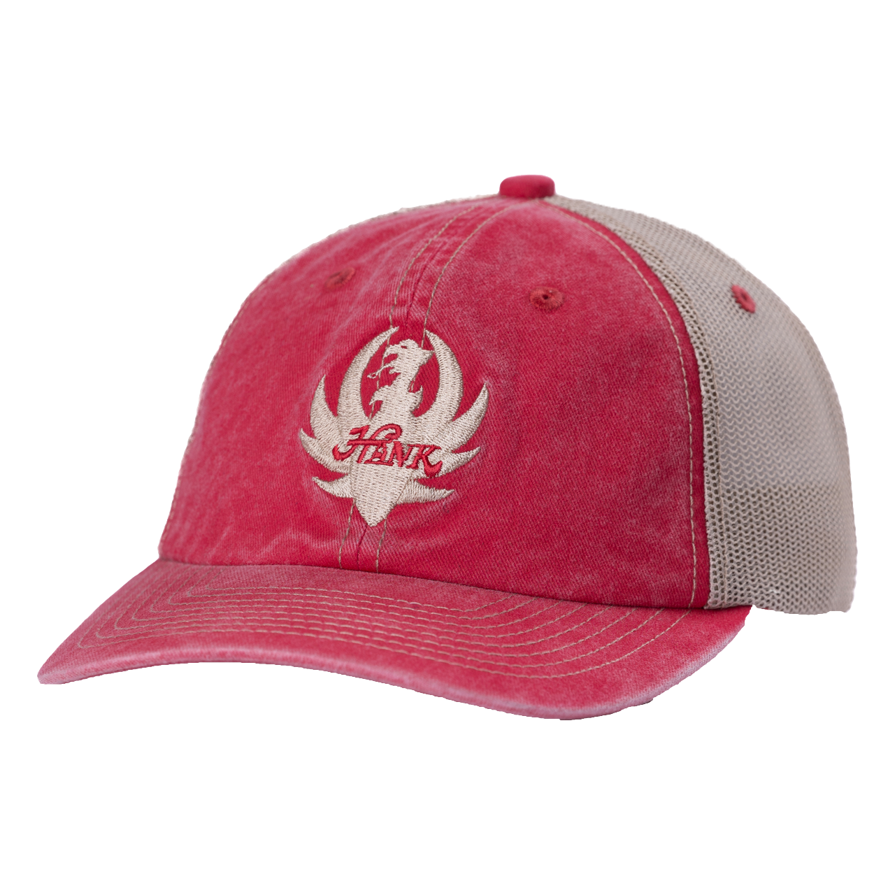 Red and tan trucker-style baseball cap with a white logo.