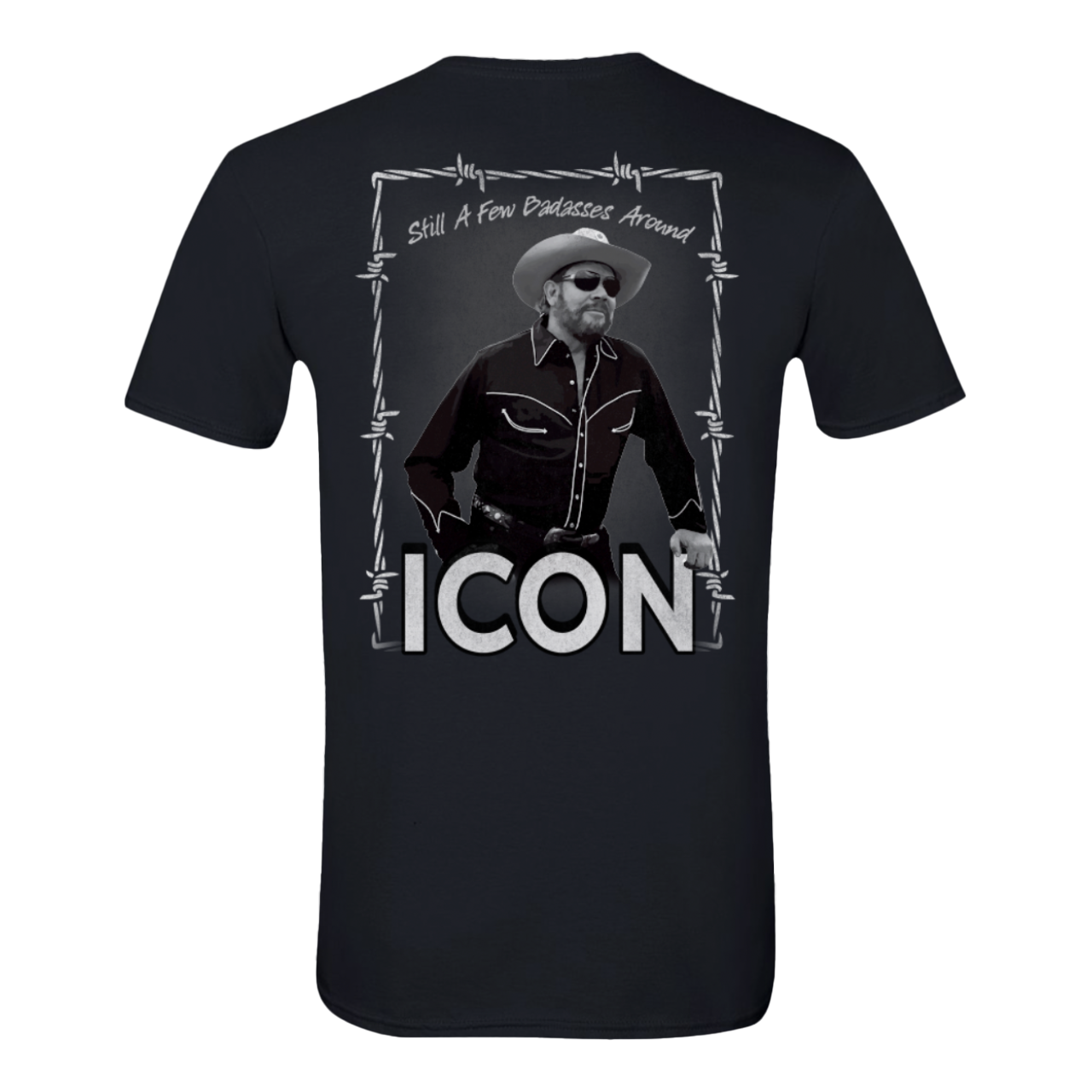 Black t-shirt featuring a monochrome image of a cowboy figure with text ’ICON’ and a barbed wire border design.