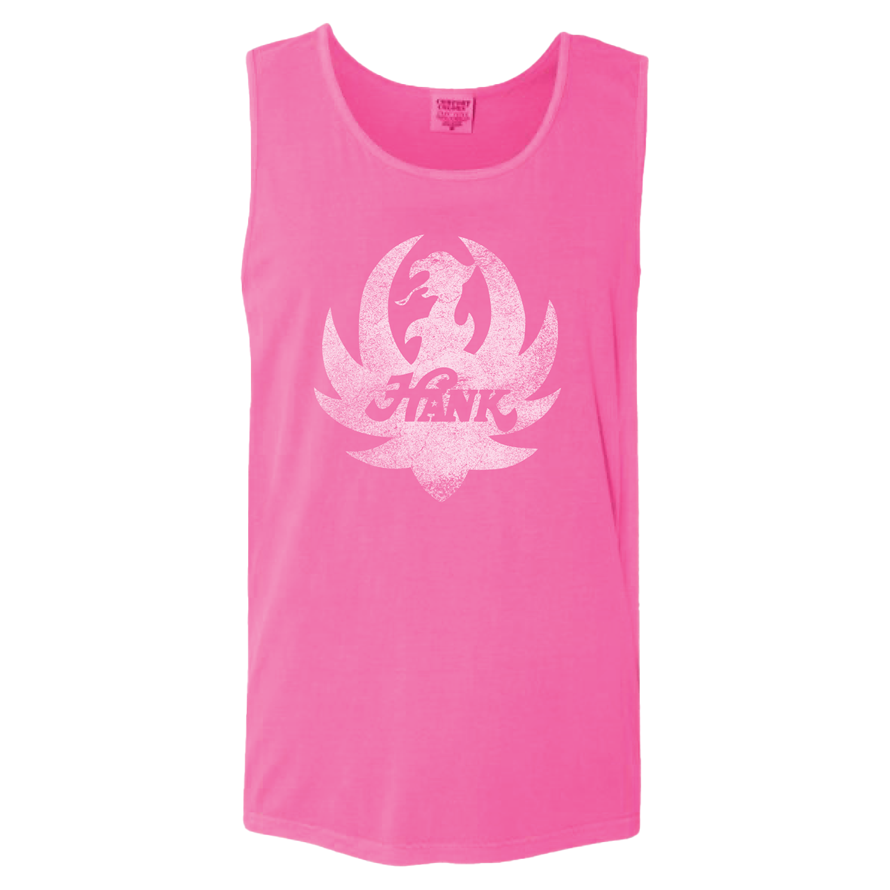 Bright pink sleeveless tank top with a faded logo design.