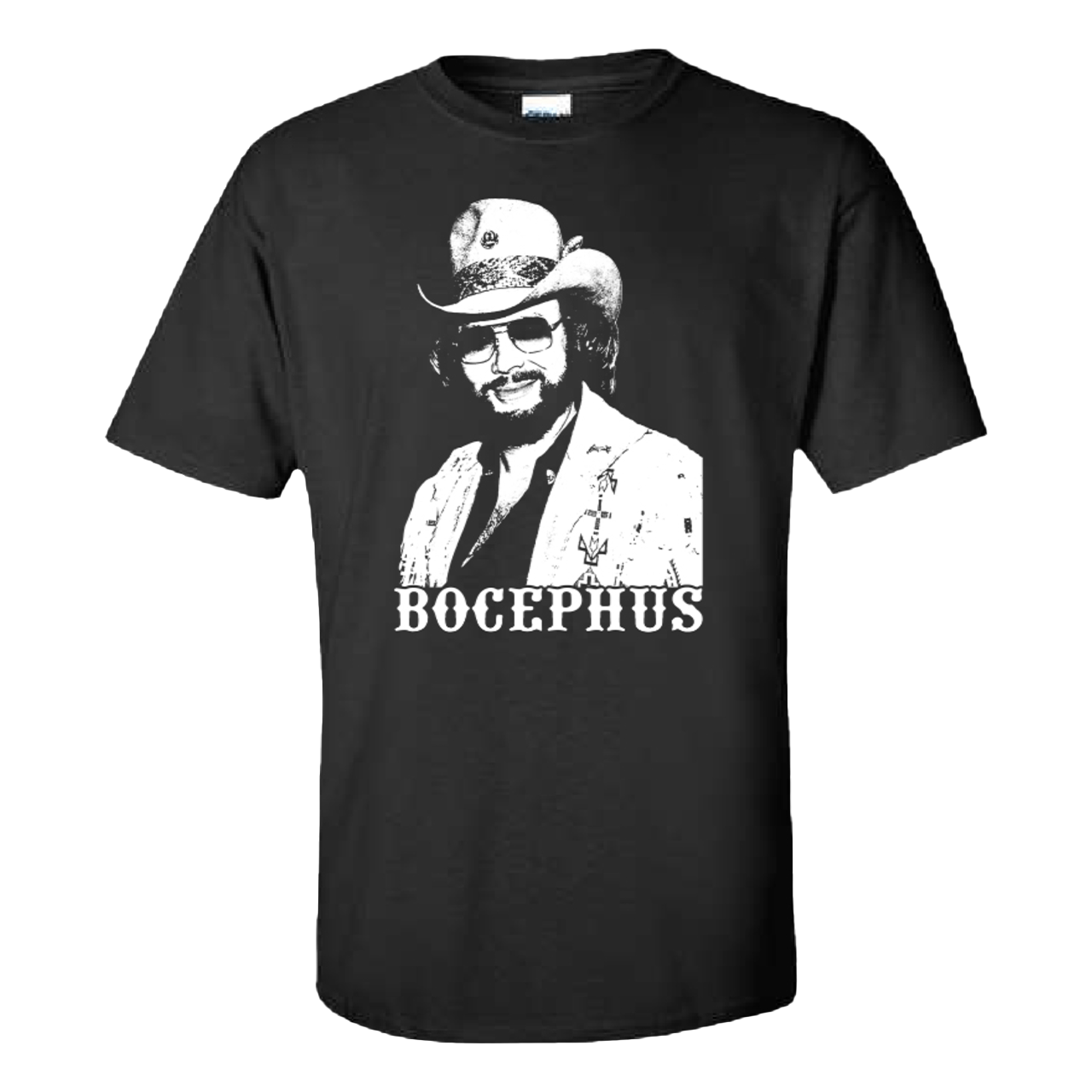 Black t-shirt featuring a white graphic portrait of a man in a cowboy hat with the text ’BOCEPHUS’ underneath.