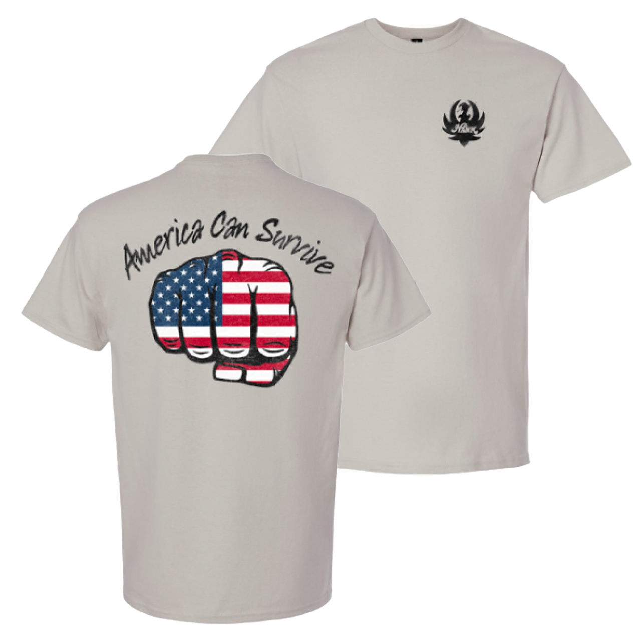 Light gray t-shirt with patriotic American-themed graphics on front and back.