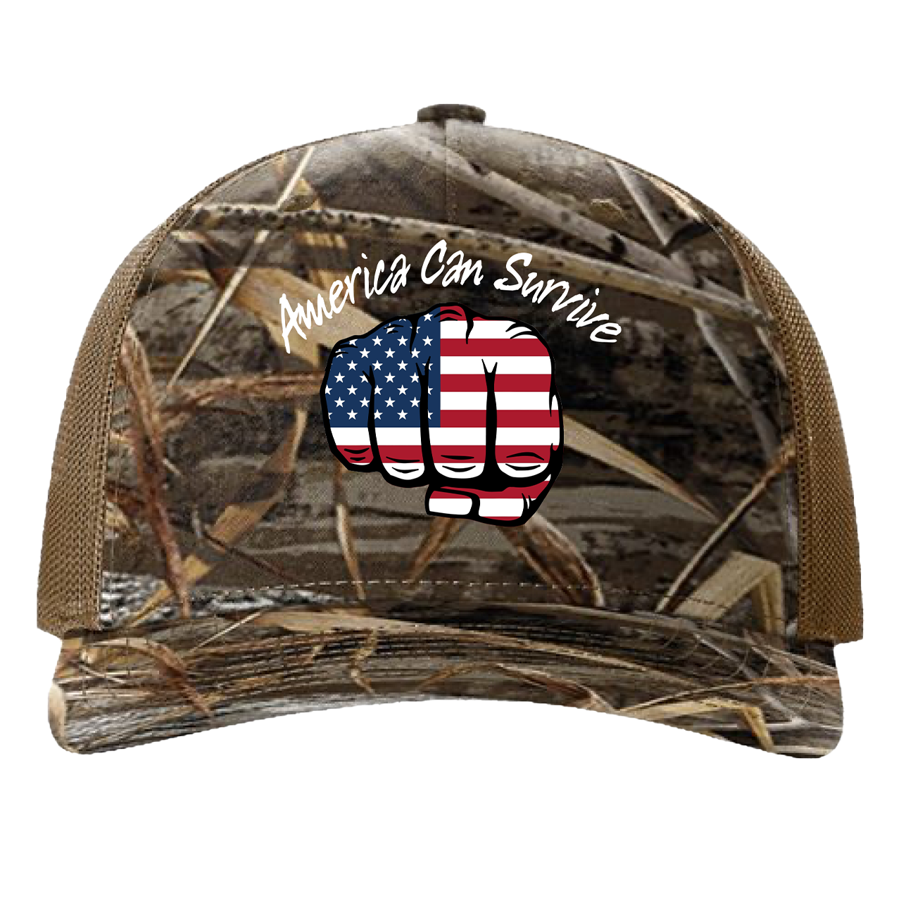 Camouflage-patterned baseball cap with an American flag fist design and ’America Can Survive’ text.