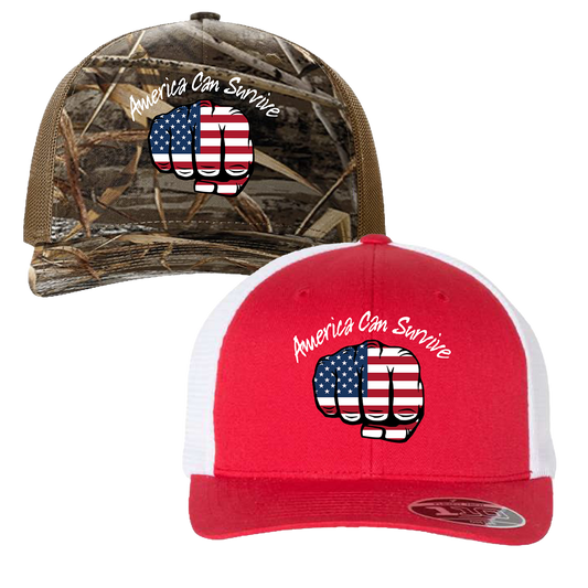 Two baseball-style caps featuring an American flag design on a fist and the text ’America Can Survive’.