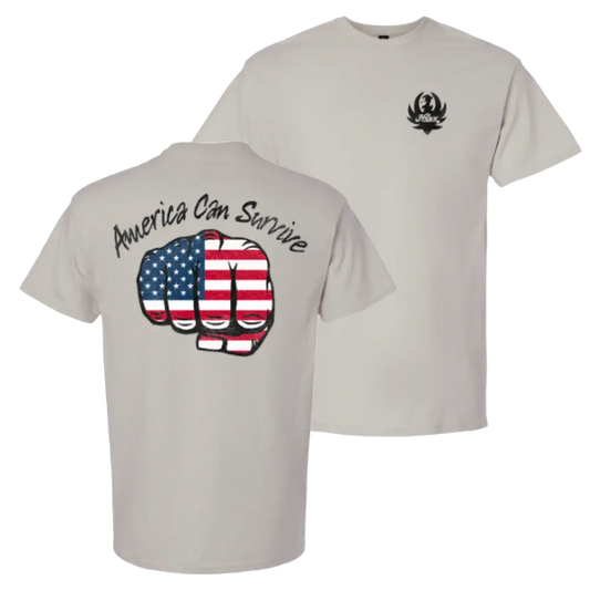 Light gray t-shirt with patriotic American-themed graphics on front and back.