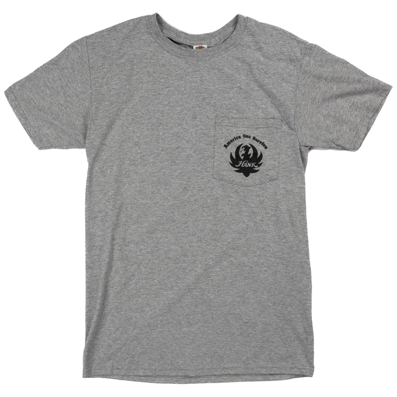 Gray t-shirt with a small pocket featuring a logo design.