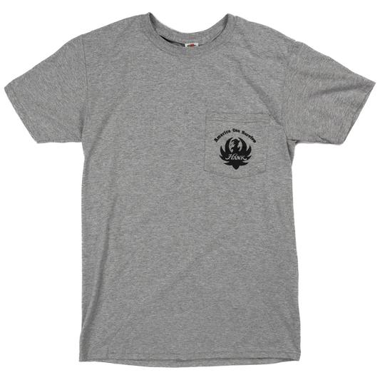 Gray t-shirt with a small pocket featuring a logo design.