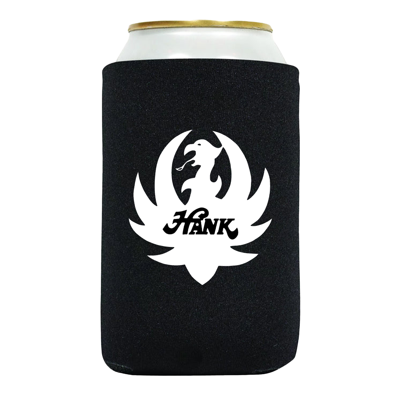 Black can cooler with a white phoenix-like logo and the word ’Hank’ printed on it.