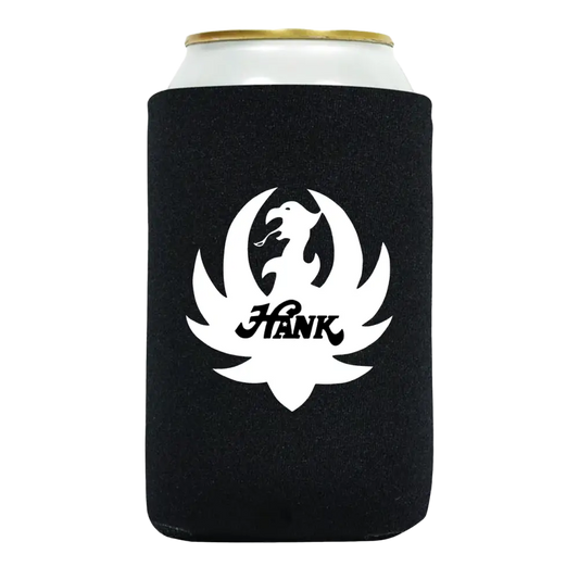 Black can cooler with a white phoenix-like logo and the word ’Hank’ printed on it.