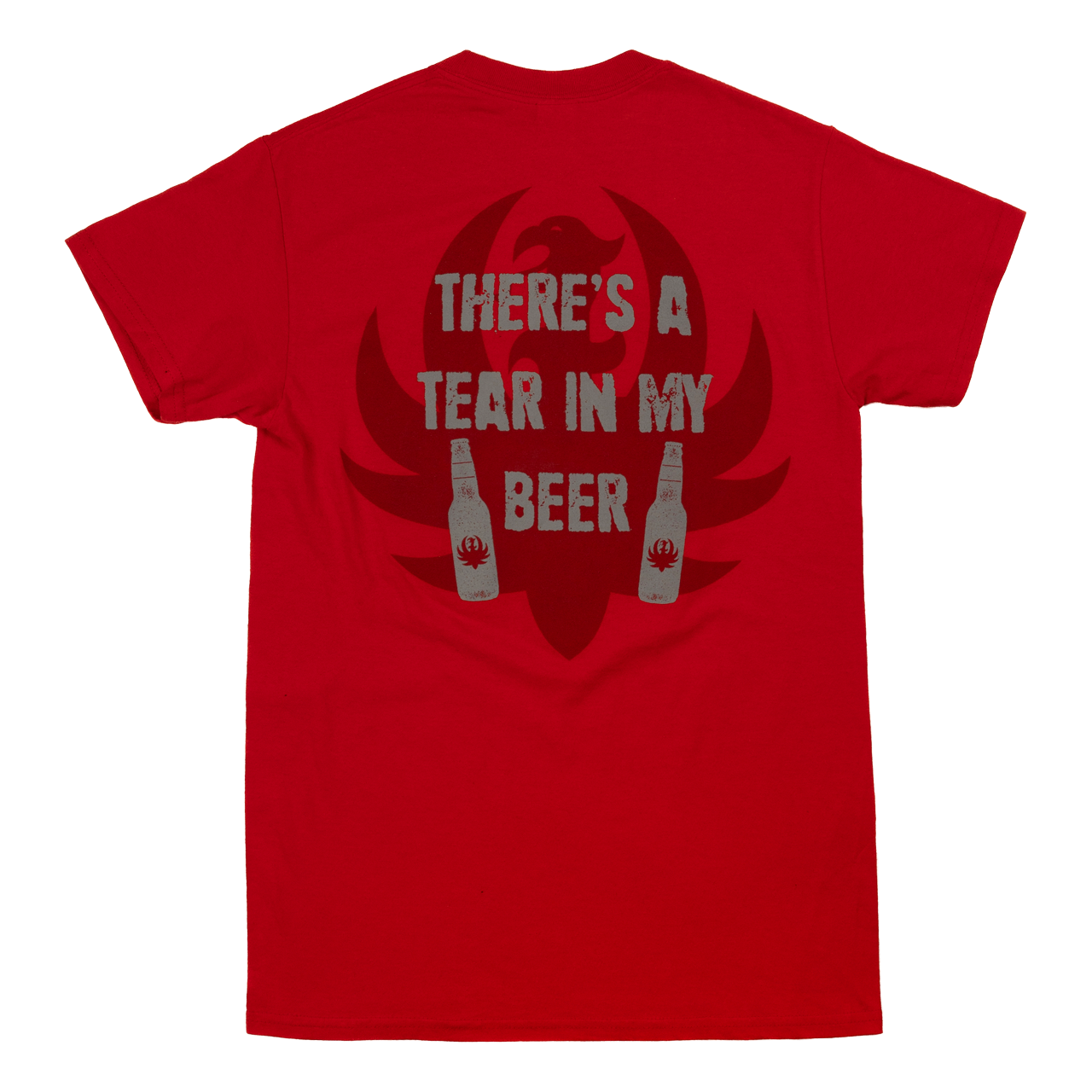 Red t-shirt with a humorous beer-related slogan and graphic design on the back.