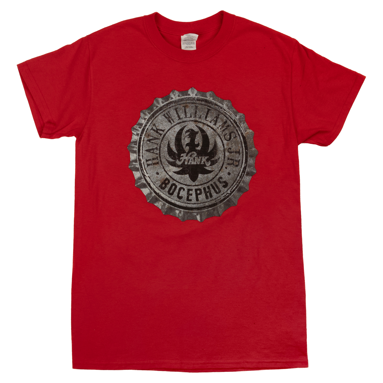 Red t-shirt with a circular logo featuring ’Frank Villains’ text and a skull design.