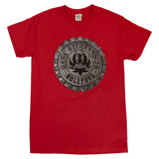 Red t-shirt with a circular logo featuring ’Frank Villains’ text and a skull design.