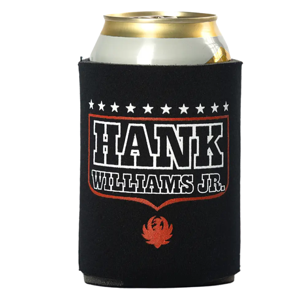 Black can cooler featuring ’HANK WILLIAMS JR.’ text and a red phoenix logo.