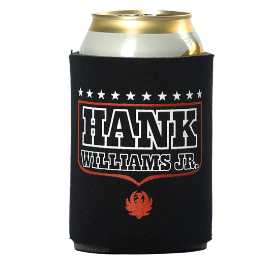 Black can cooler featuring ’HANK WILLIAMS JR.’ text and a red phoenix logo.