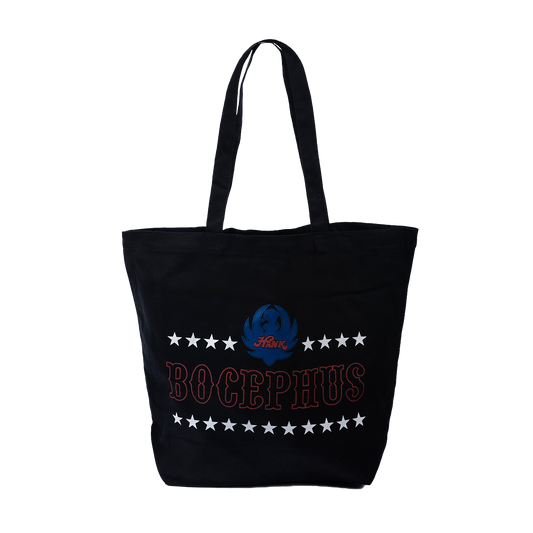 Black tote bag with ’Bocephus’ and stars embroidered on it.