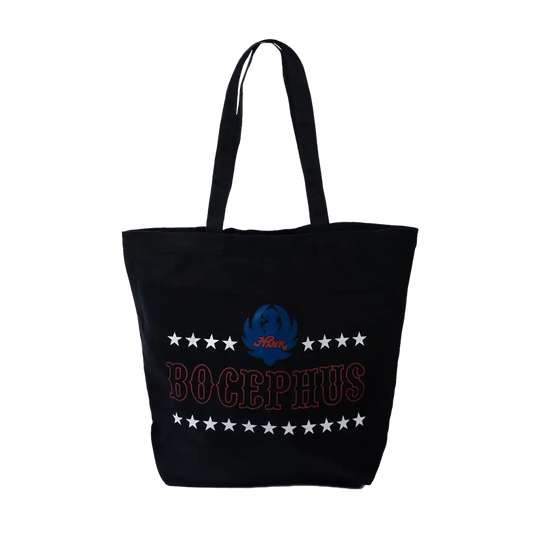 Black tote bag with ’Bocephus’ and stars embroidered on it.