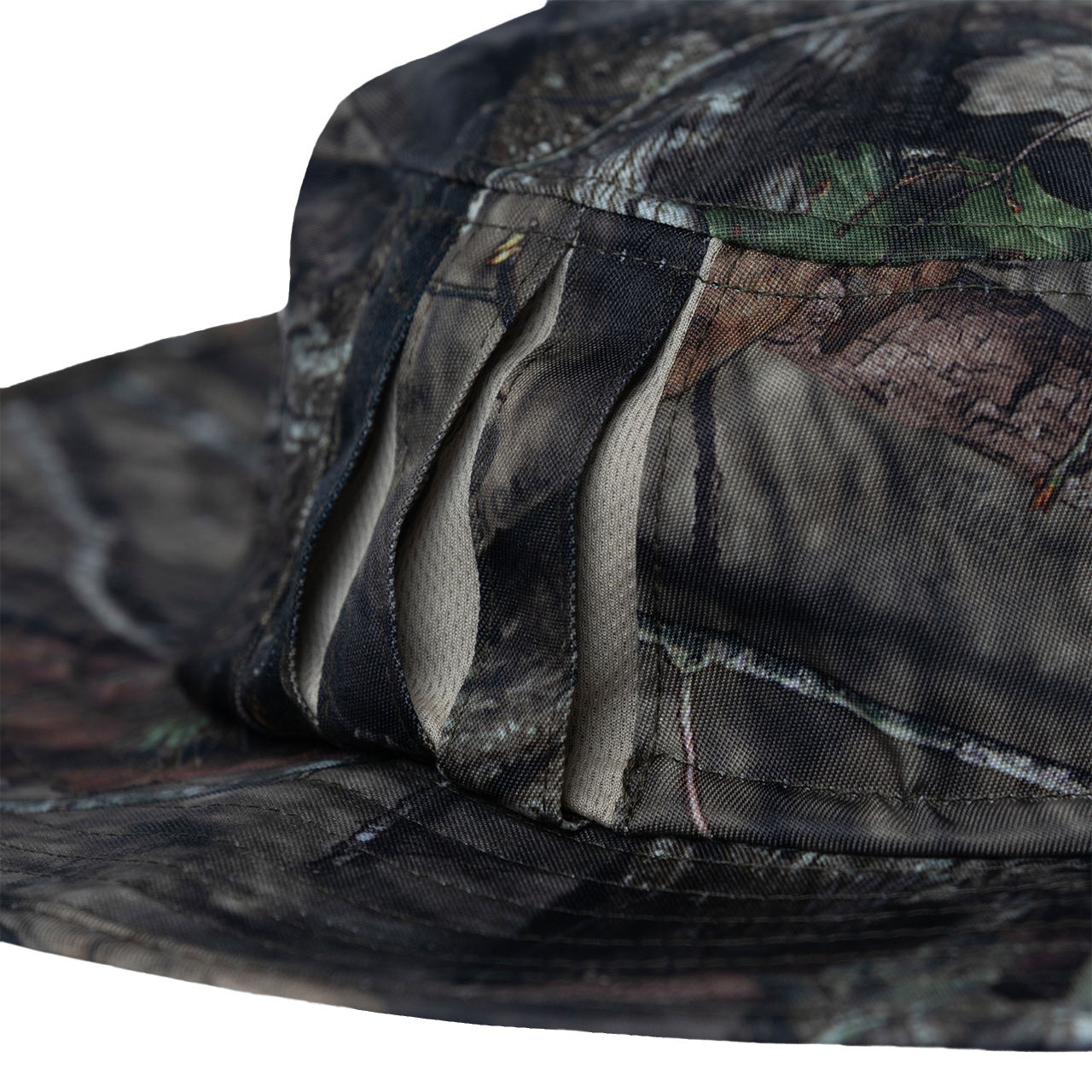 Camouflage-patterned wide-brimmed hat.