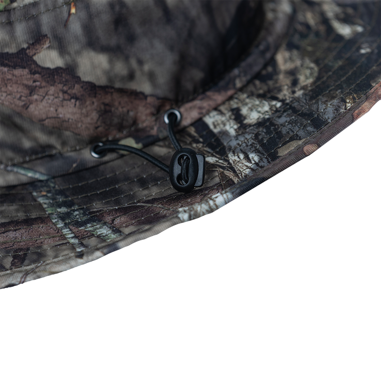 Camouflage-patterned hat brim with a drawstring cord.