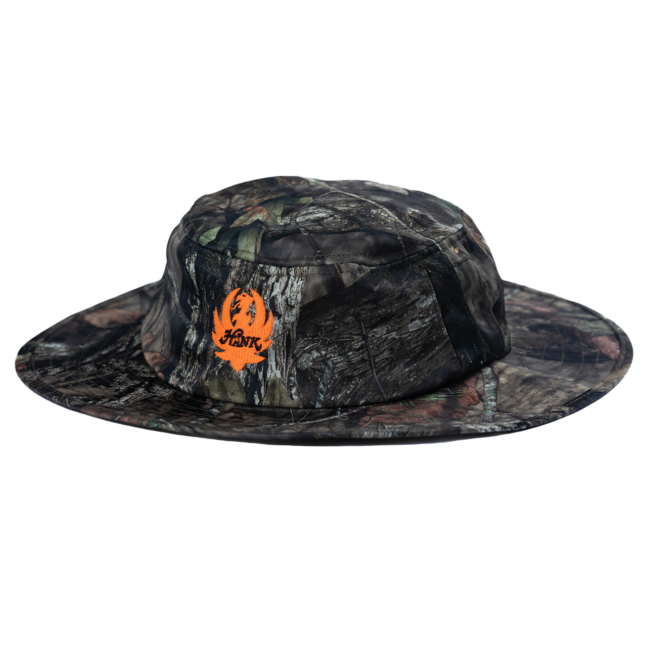 Camouflage-patterned wide-brimmed hat with an orange logo.