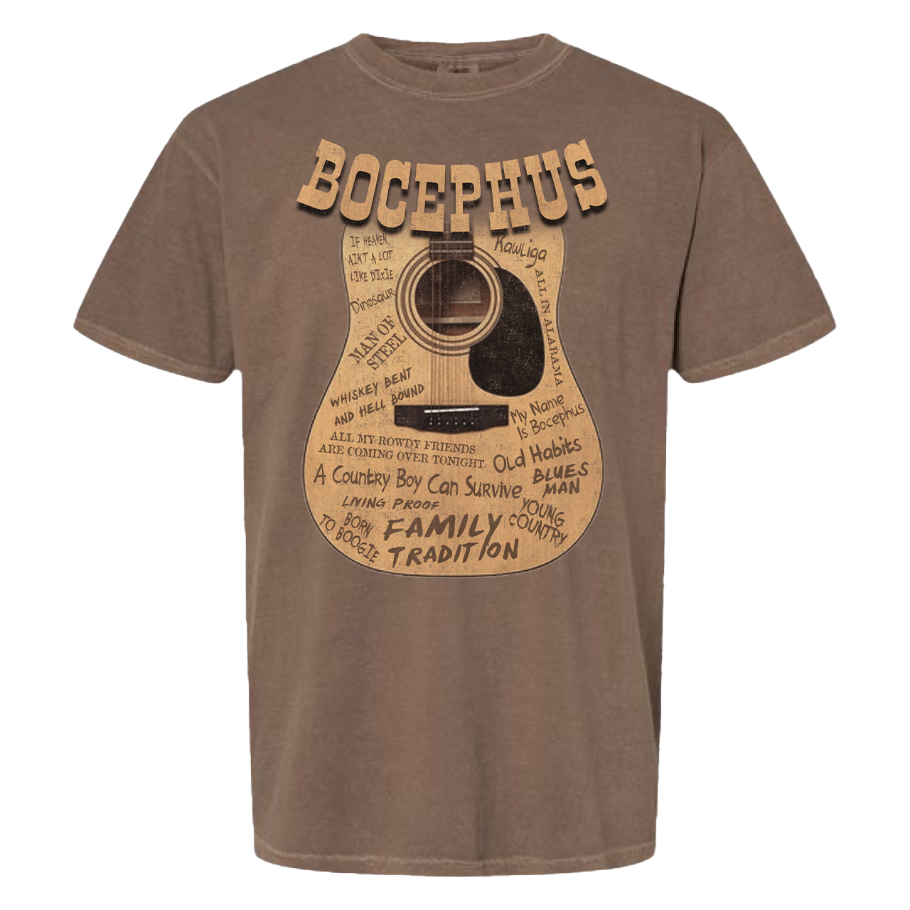 Brown t-shirt featuring a graphic design of an acoustic guitar with text and signatures.