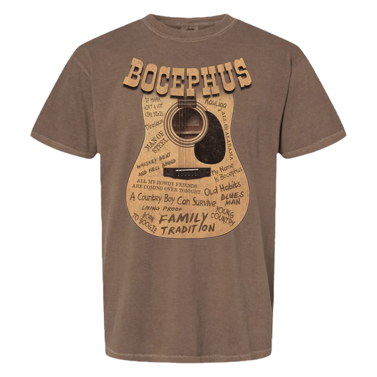 Brown t-shirt featuring a graphic design of an acoustic guitar with text and signatures.