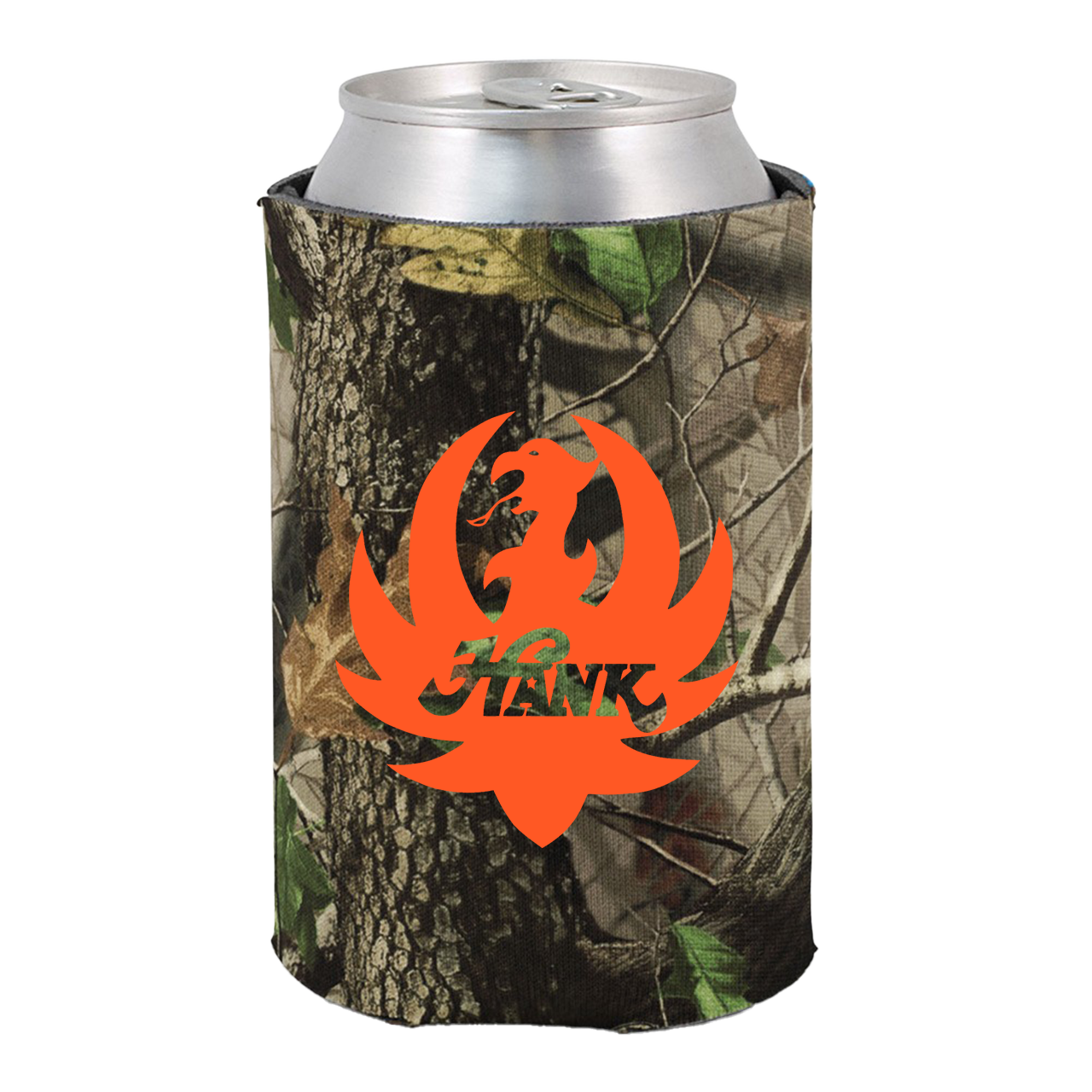 Camouflage-patterned drink cooler sleeve with an orange logo.