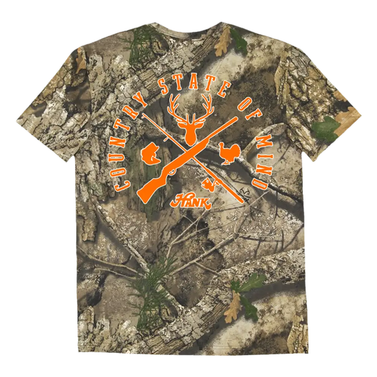 Camouflage-patterned t-shirt with orange hunting-themed graphics.