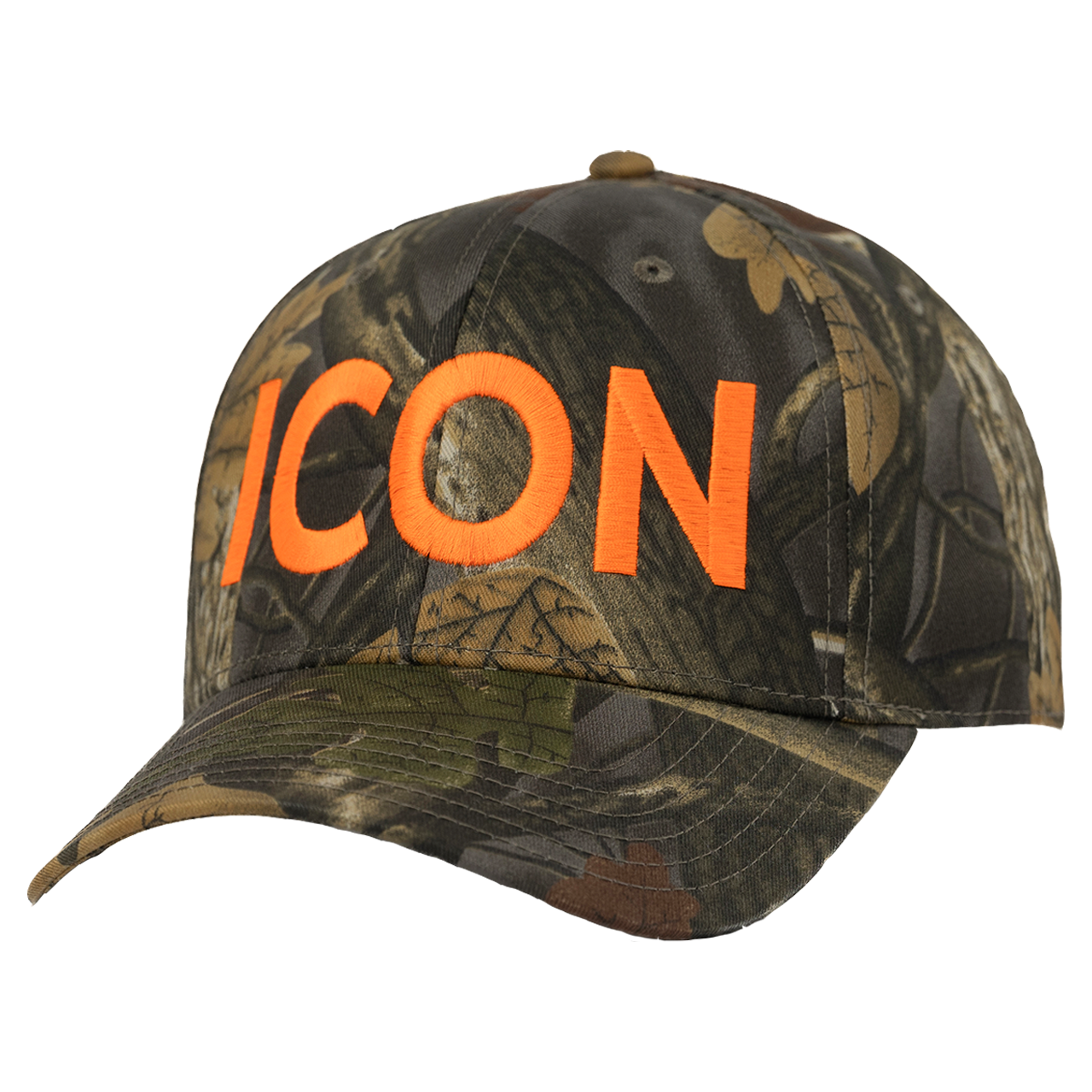 Camouflage baseball cap with bright orange ’ICON’ text on the front.