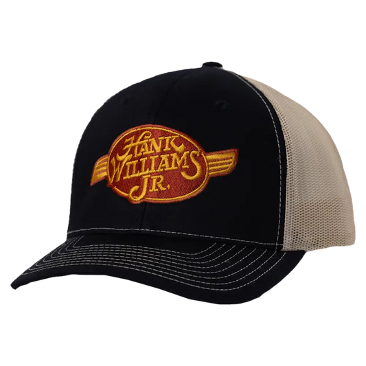 Black and tan Hank Williams Jr. trucker hat.