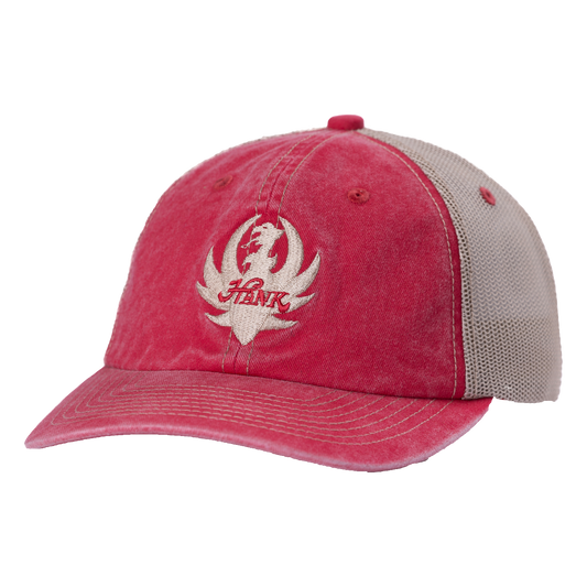 Red and tan trucker-style baseball cap with a white logo.