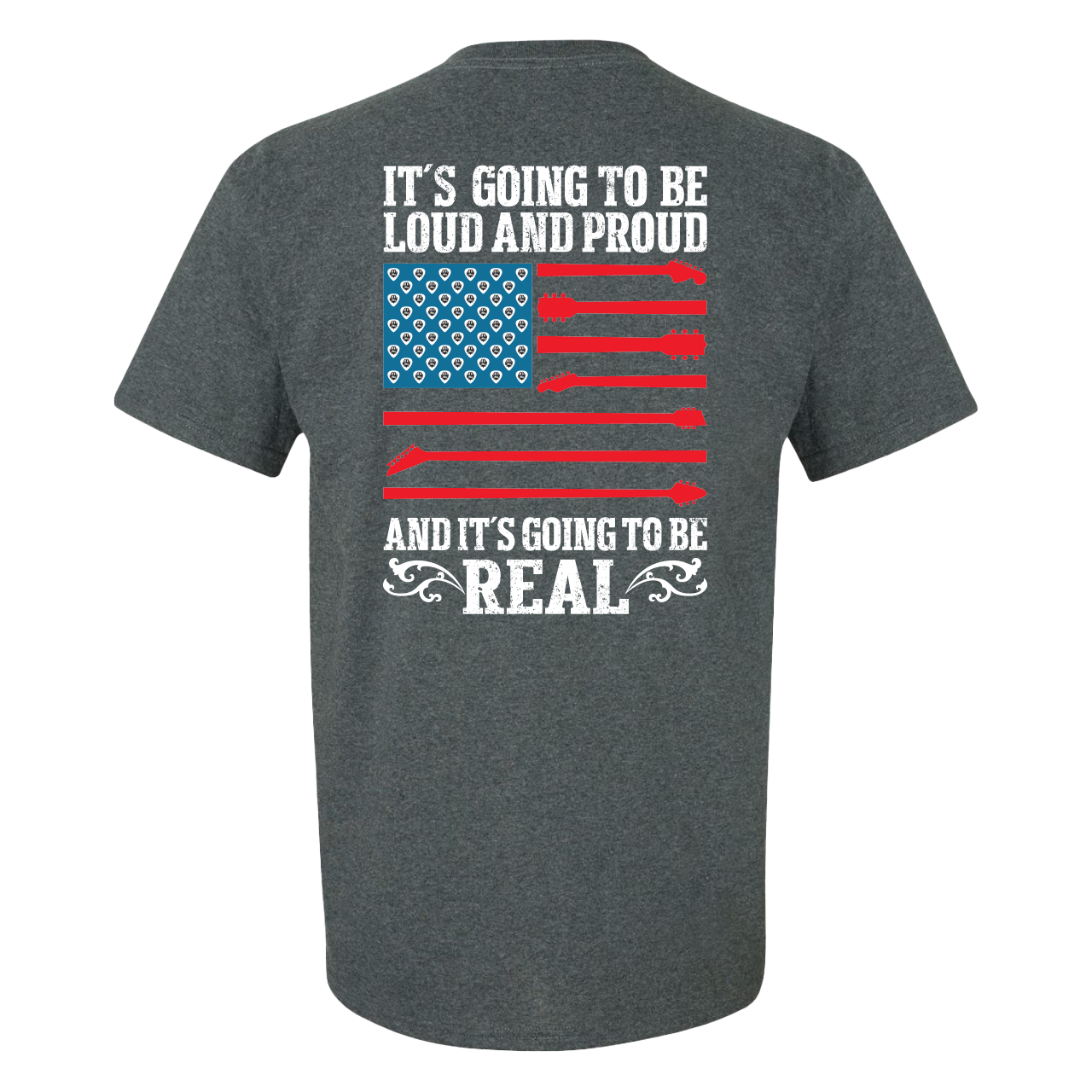 Gray t-shirt with patriotic text and American flag design on the back.