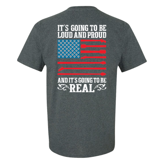 Gray t-shirt with patriotic text and American flag design on the back.