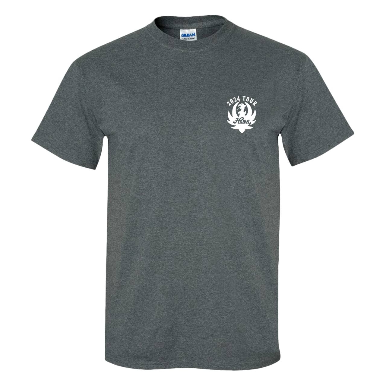 Dark gray t-shirt with a small white logo on the left chest area.