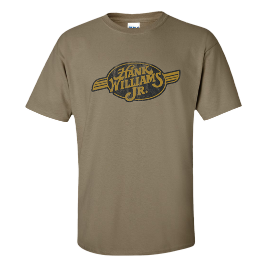 Tan t-shirt with a ’Hank Williams Jr.’ logo printed on the front.