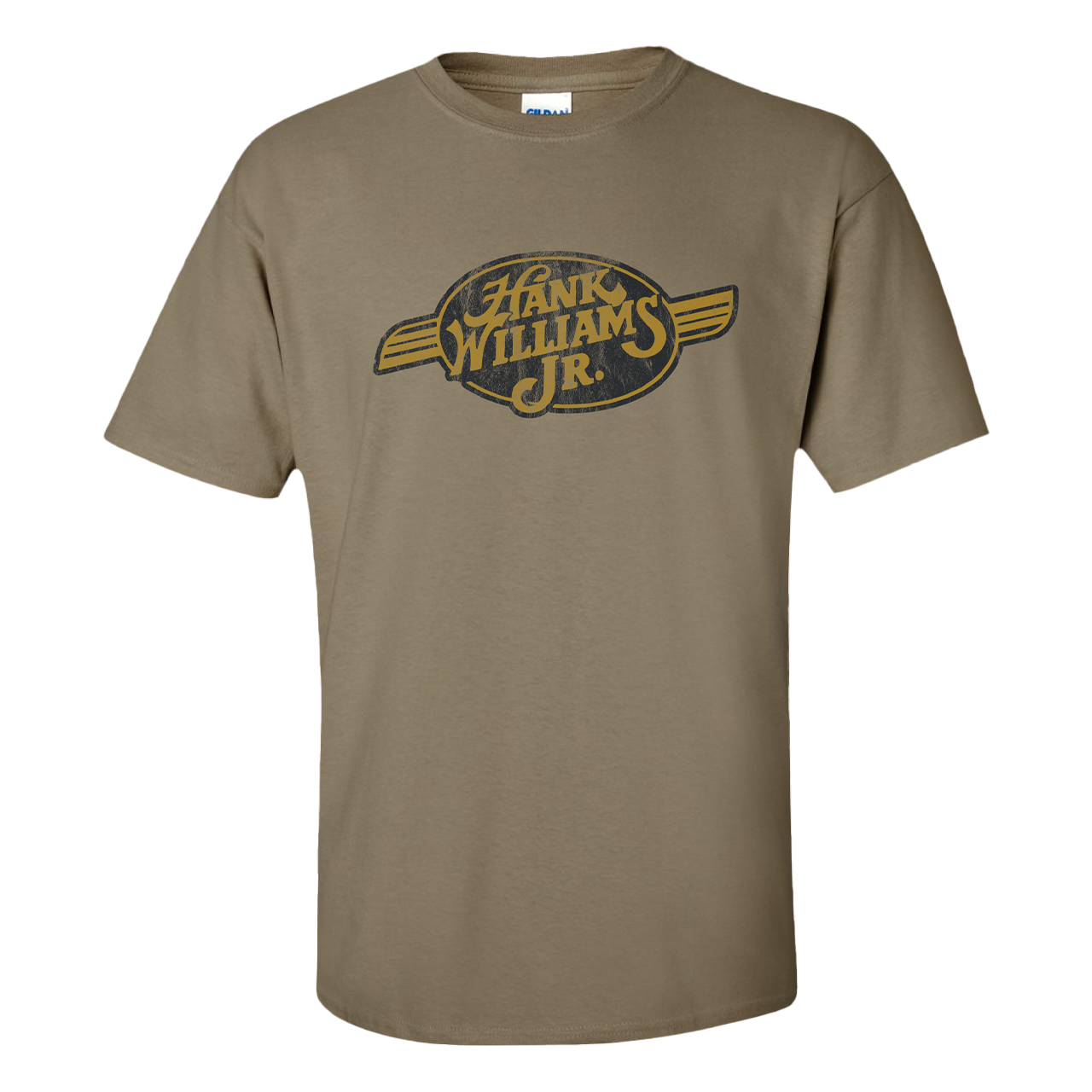 Tan t-shirt with a ’Hank Williams Jr.’ logo printed on the front.