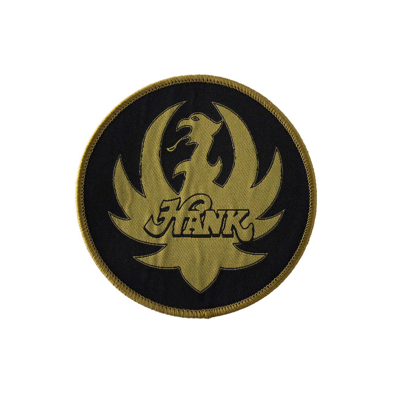 Circular patch featuring a golden phoenix-like bird design with ’HANK’ text on a black background.