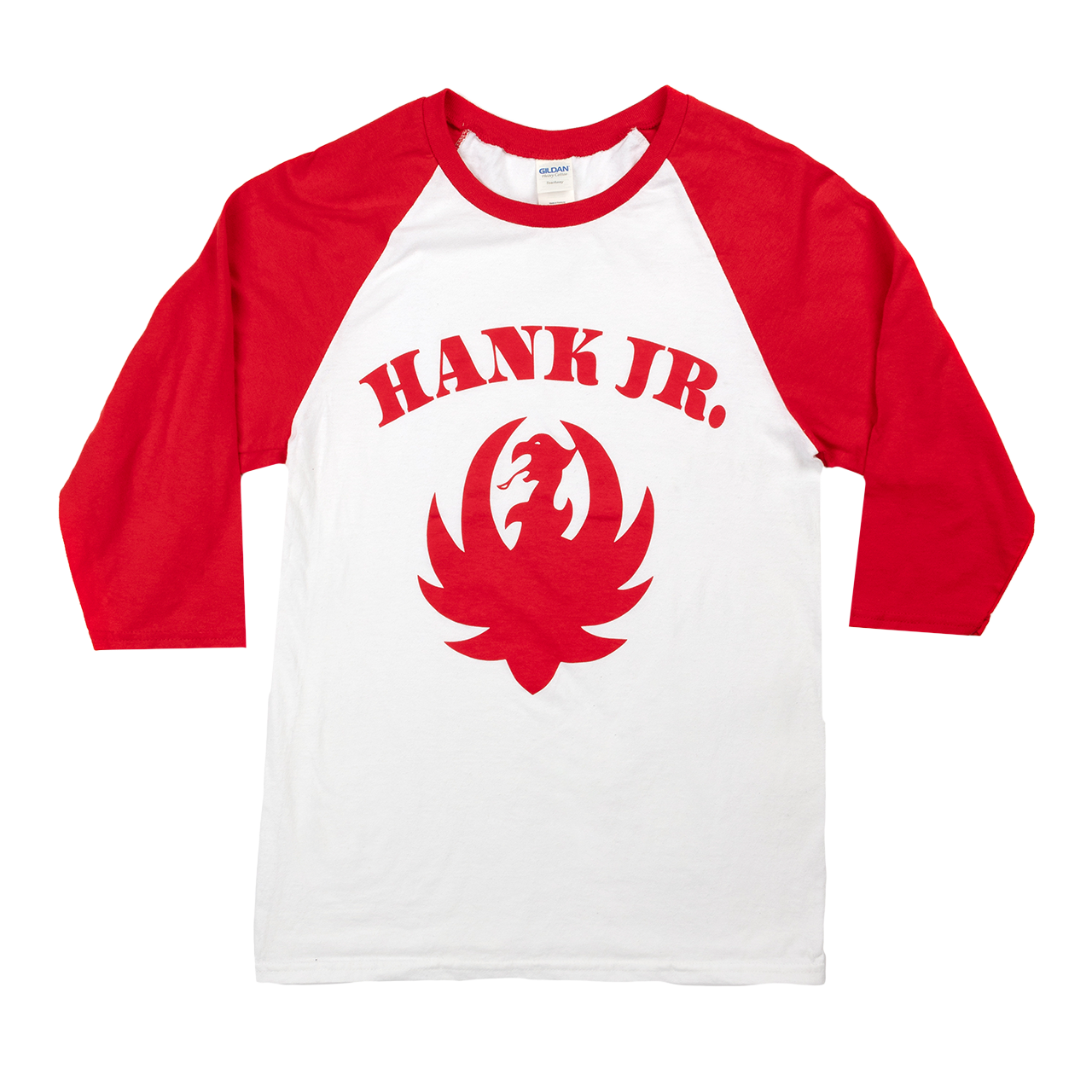 Red and white baseball-style t-shirt with ’HANK JR.’ and a phoenix logo printed on the front.