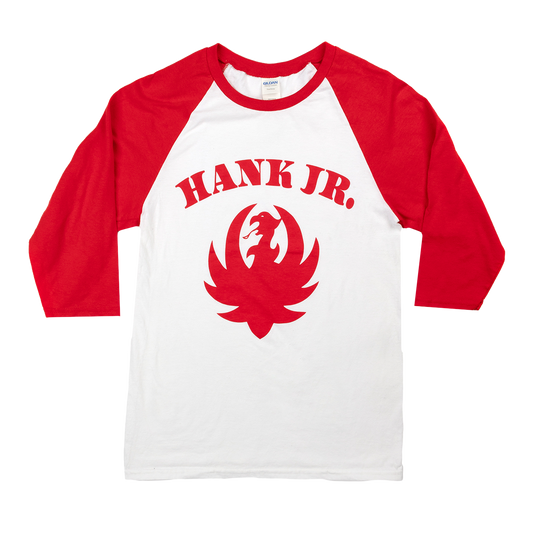 Red and white baseball-style t-shirt with ’HANK JR.’ and a phoenix logo printed on the front.