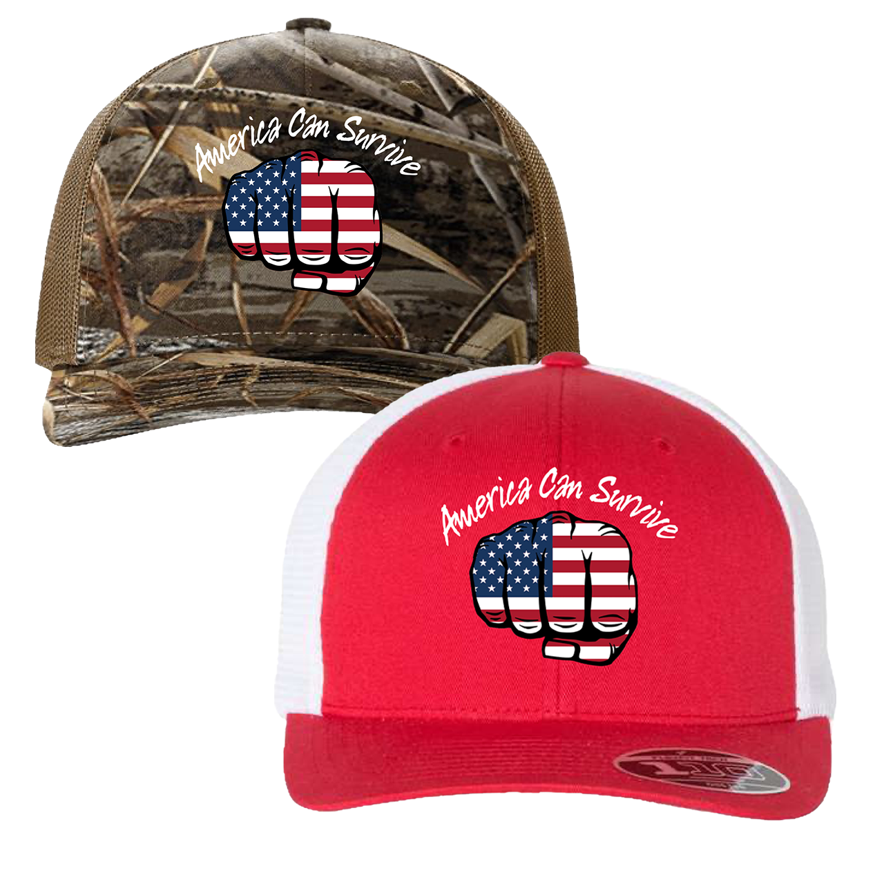 Two baseball-style caps featuring an American flag design on a fist and the text ’America Can Survive’.