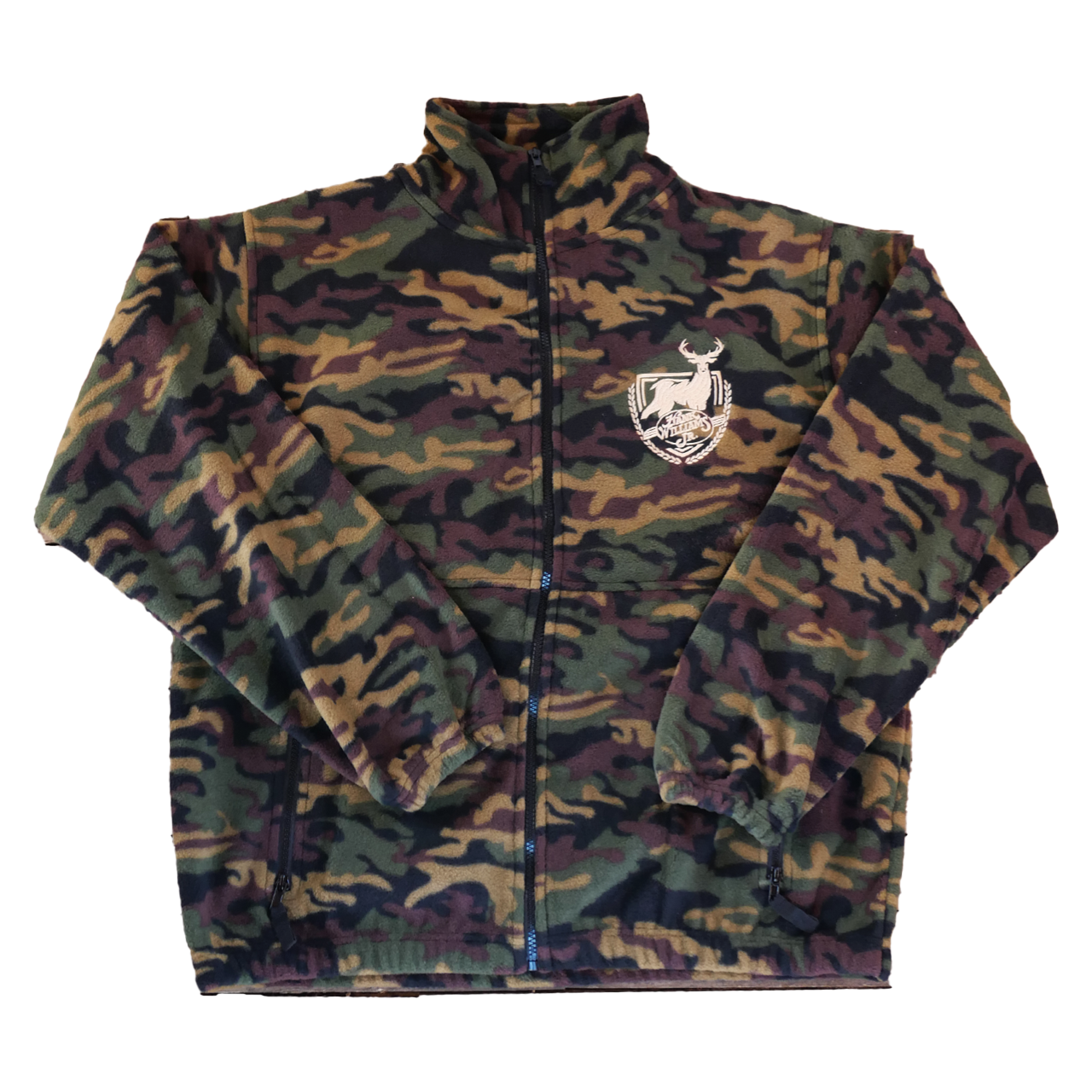 Camo fleece jacket with emblem.