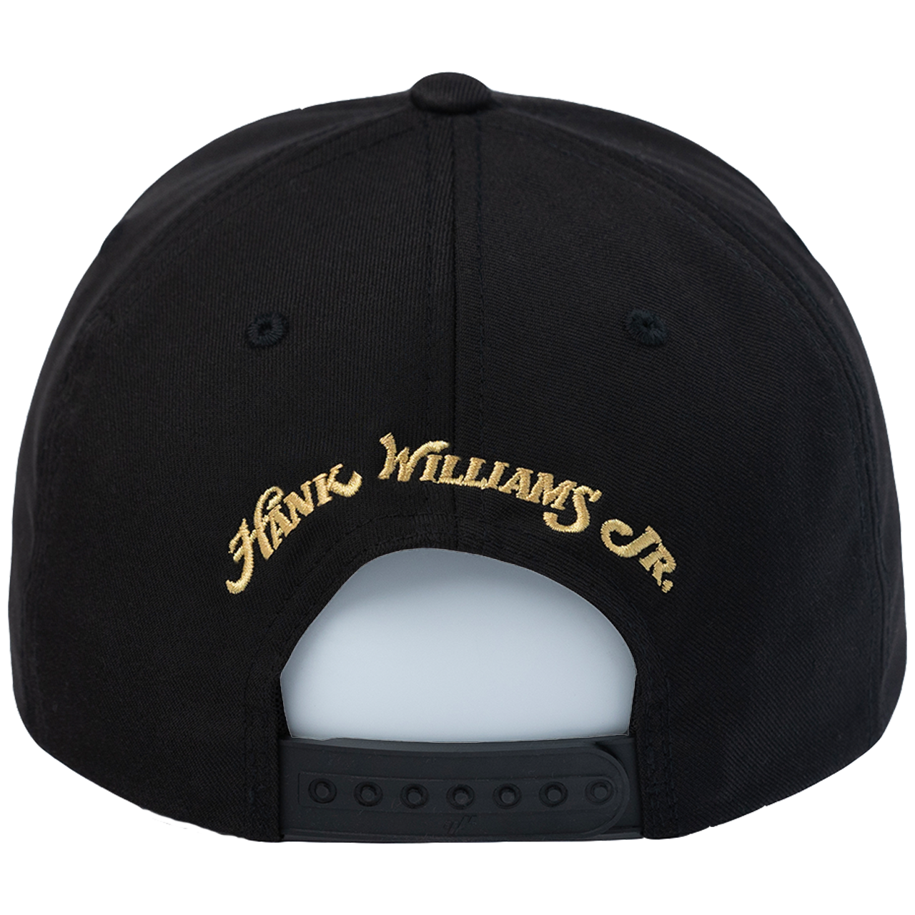 Black baseball cap with ’Hank Williams Jr.’ embroidered in gold on the back.