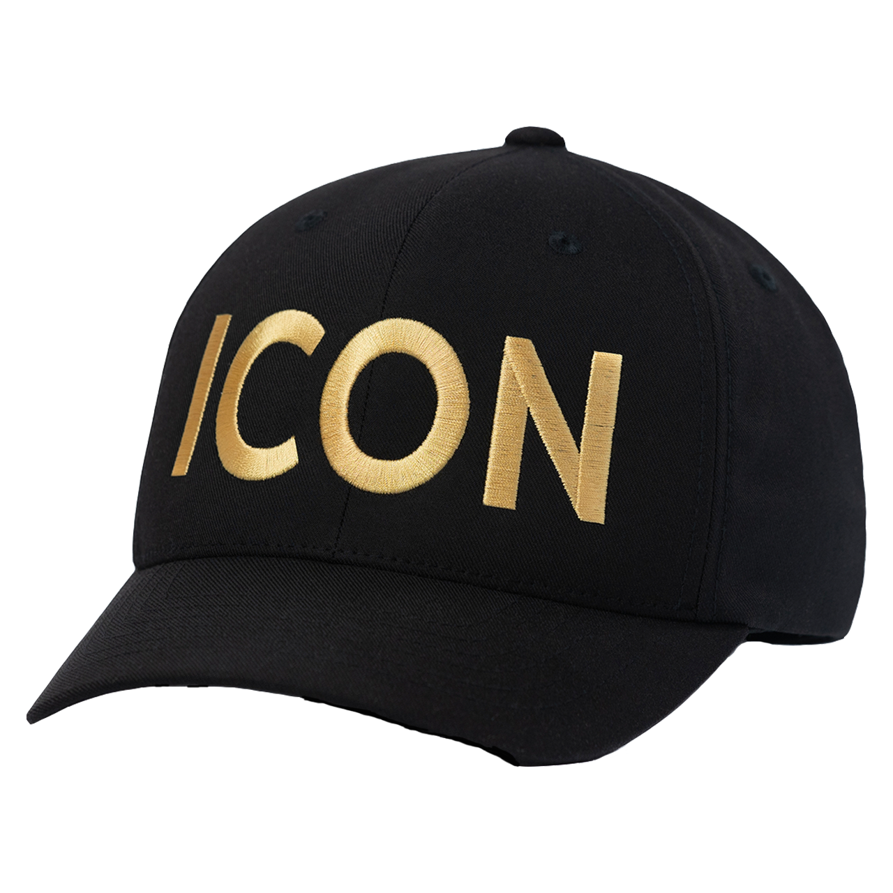 Black baseball cap with gold ’ICON’ text embroidered on the front.