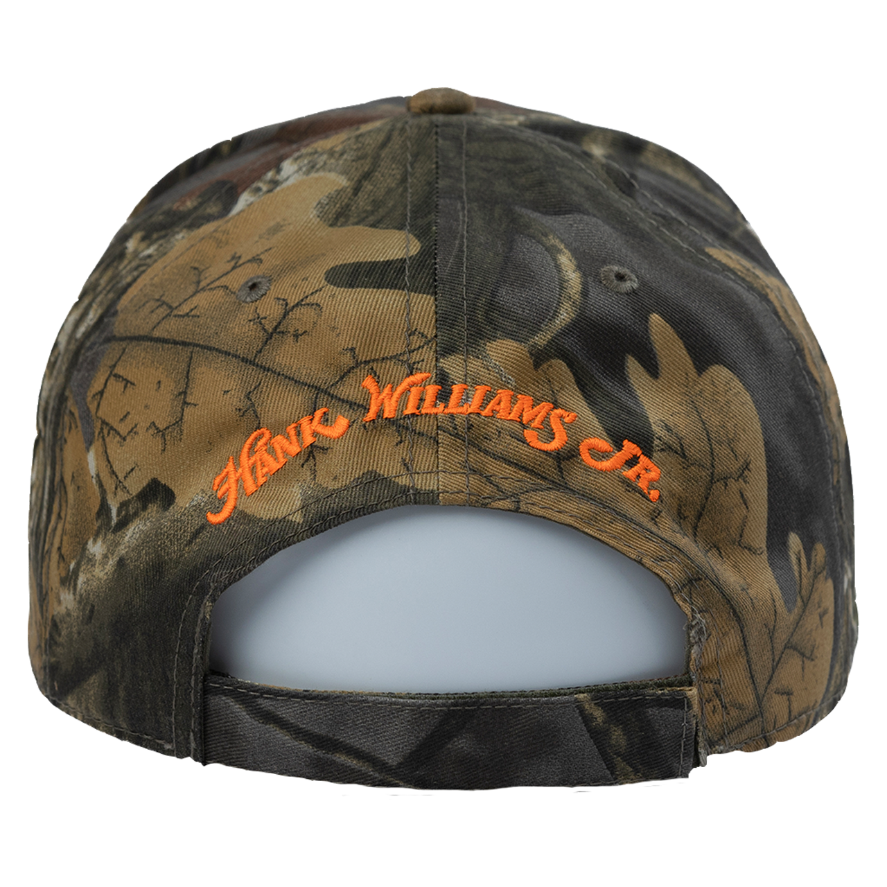 Camouflage baseball cap with orange ’Hank Williams Jr.’ text on the back.