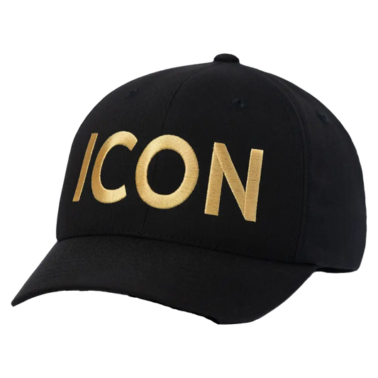 Black baseball cap with gold ’ICON’ text embroidered on the front.