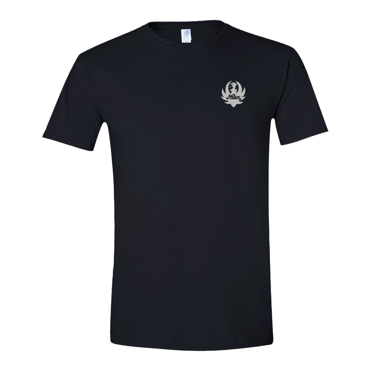 Black t-shirt with a small logo on the left chest area.