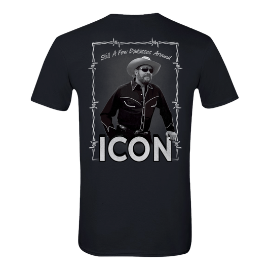 Black t-shirt featuring a monochrome image of a cowboy figure with text ’ICON’ and a barbed wire border design.